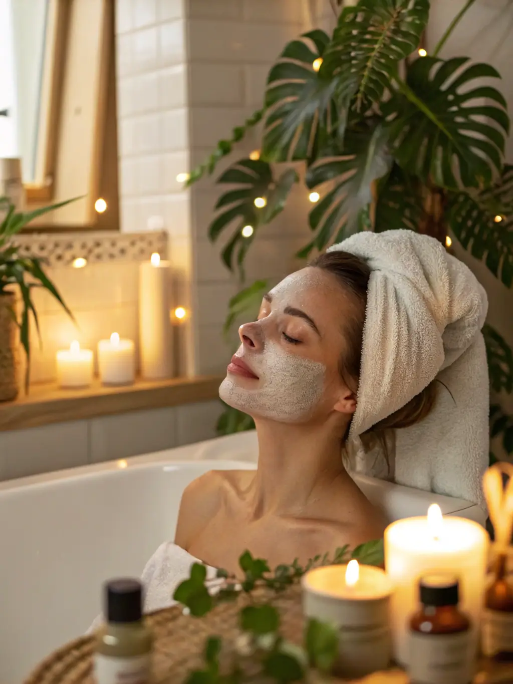 A lifestyle shot of a person applying a premium face mask in a serene bathroom setting, emphasizing the relaxing and pampering experience associated with the product.