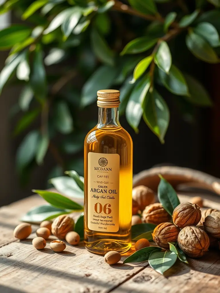A detailed shot of a luxurious hair care product, such as Moroccanoil Treatment Oil, with a focus on the sleek packaging and the product's rich, nourishing texture, highlighting its ability to transform hair.