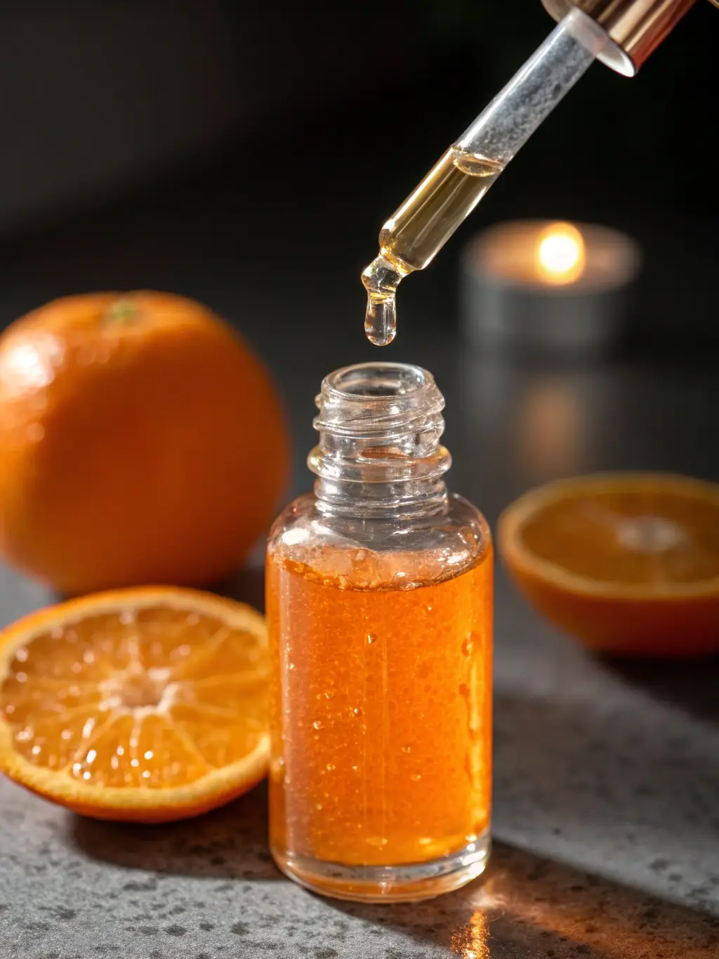 A close-up shot of a luxurious skincare product, such as a gold-infused serum, with a blurred background of a high-end spa setting, emphasizing the opulence and exclusivity of the product.