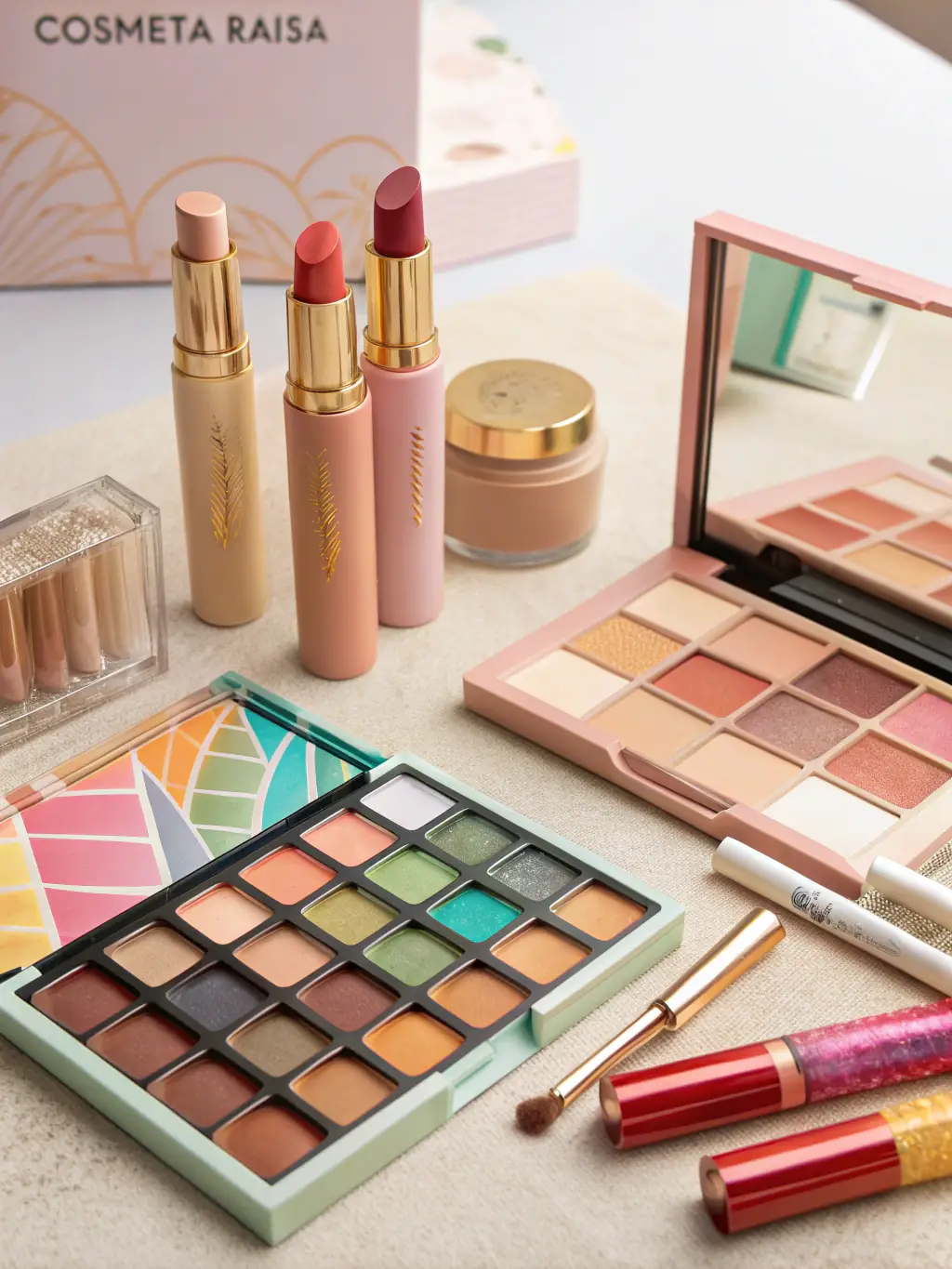 A high-angle shot of a beautifully arranged makeup set featuring premium brands, such as Urban Decay, with elegant packaging and vibrant colors, showcasing the sophistication and quality of the products.
